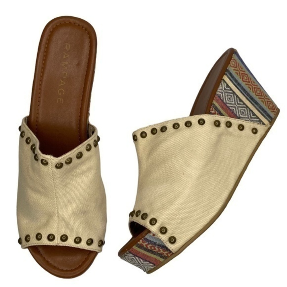 Rampage Quizzy Shoes Light Tan Canvas Studded Aztec Covered Wedge Heels